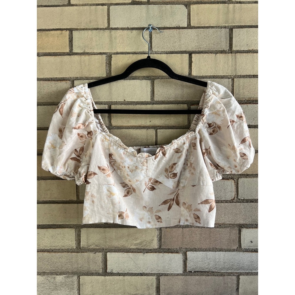 House of Harlow 1960 Floral Puff Sleeve Linen Blend Crop Top Brown Sz 10 Medium